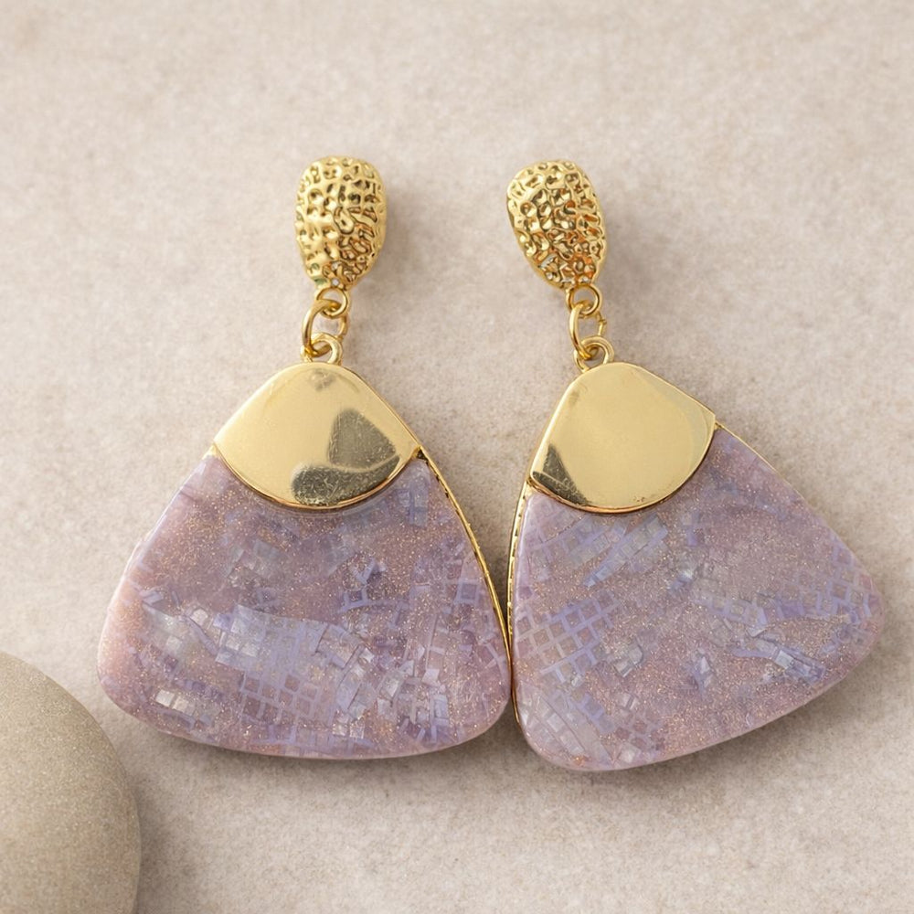 Elegant lavender geometric statement earrings with gold top