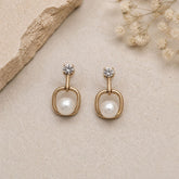 Ivory pearl drop earrings with crystal studs and geometric gold frame for women