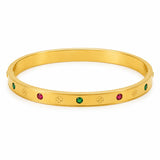 Elegant clover engraved gold bracelet with colorful stone detailing