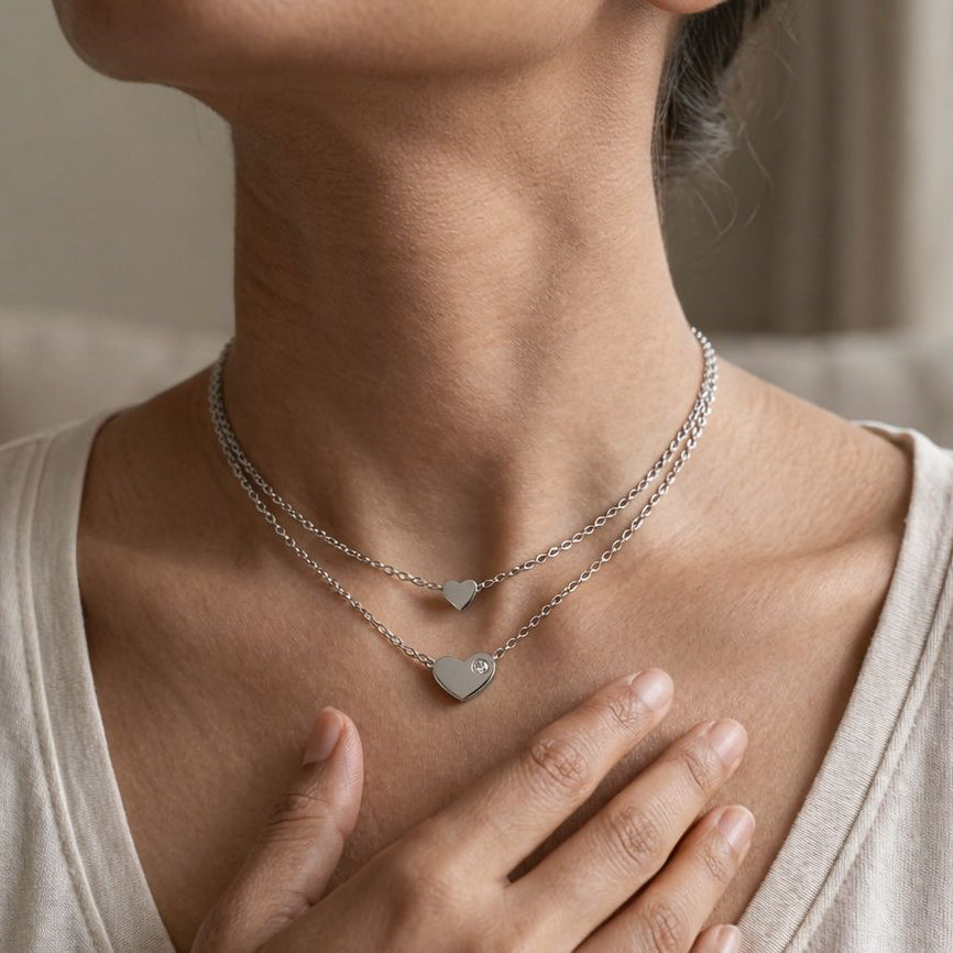 minimal heart pendant necklace with matching heart stud earrings