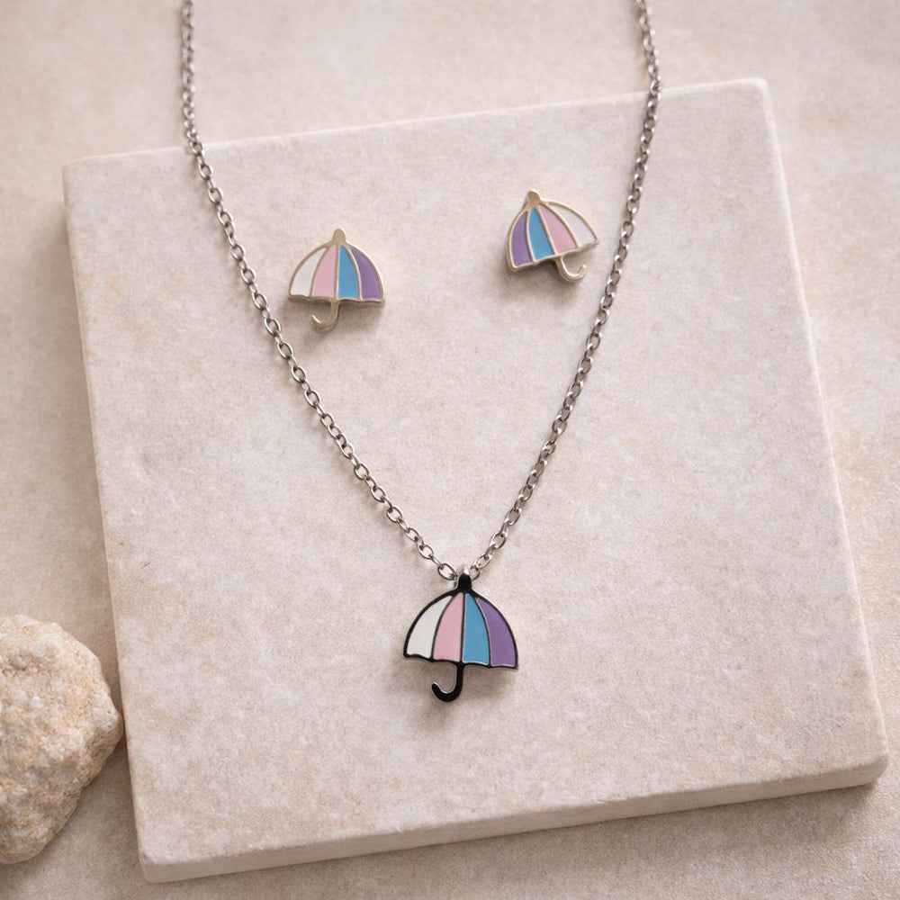 pastel umbrella pendant necklace with matching umbrella stud earrings