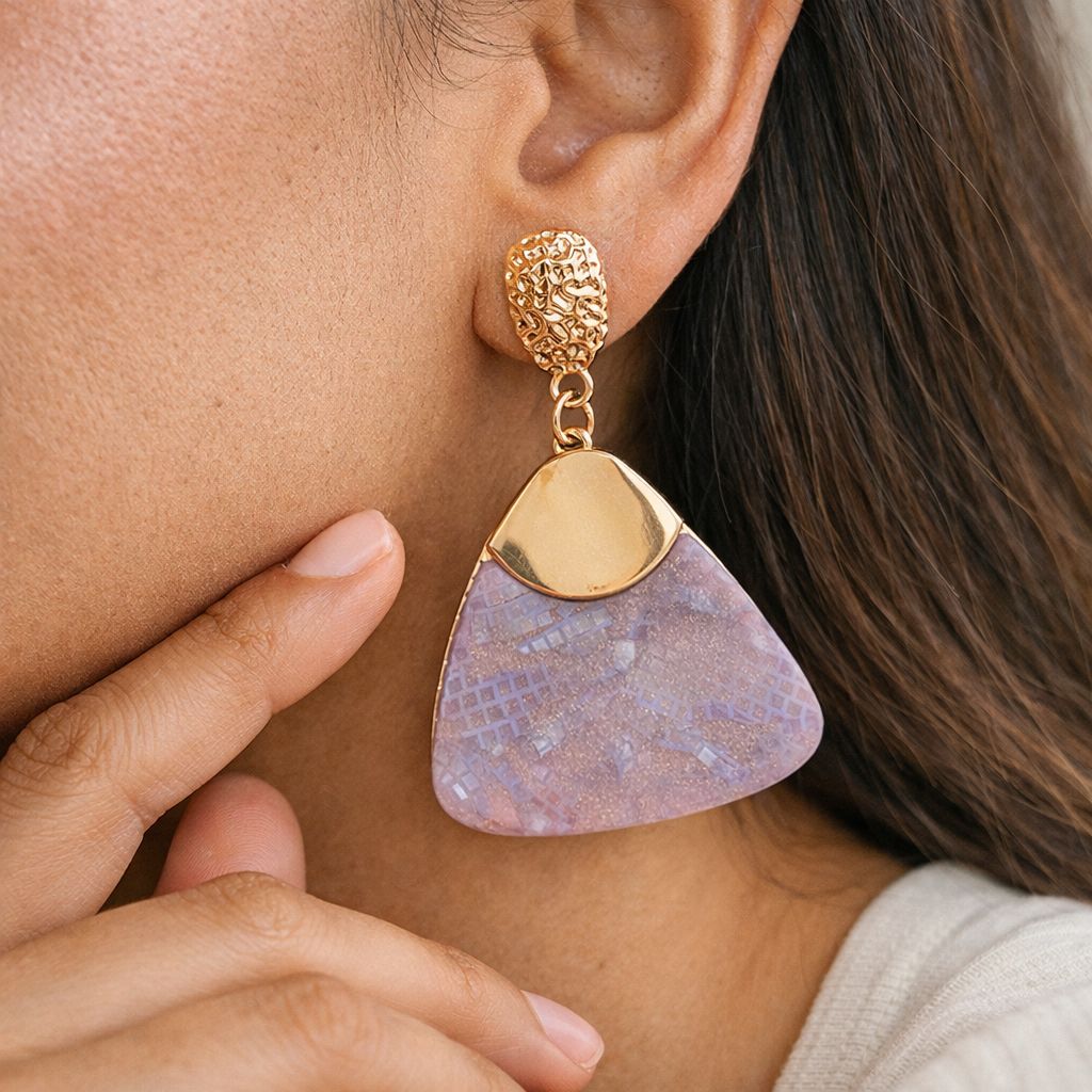 Elegant lavender geometric statement earrings with gold top