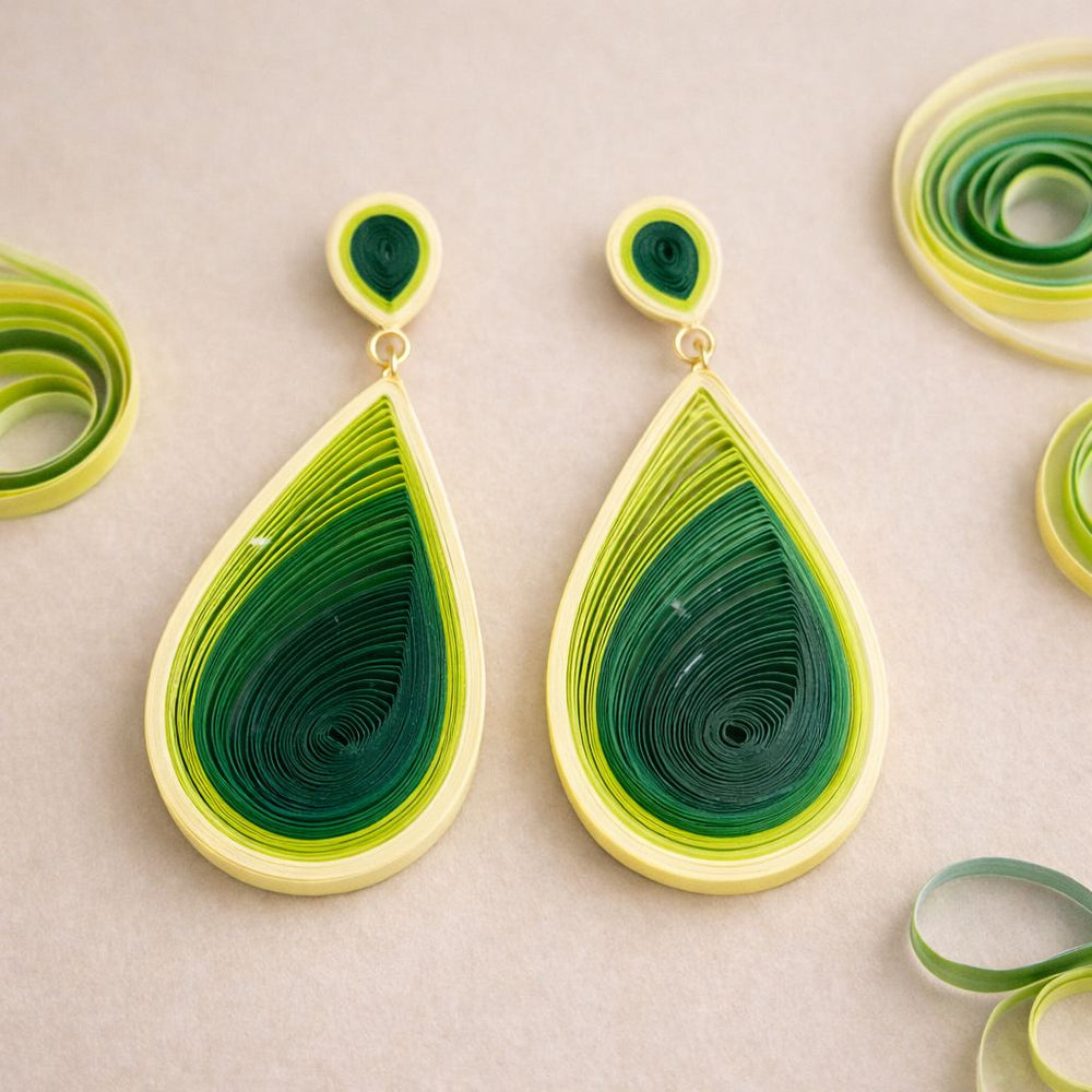 Green teardrop quilling earrings lightweight layered statement jewelry
