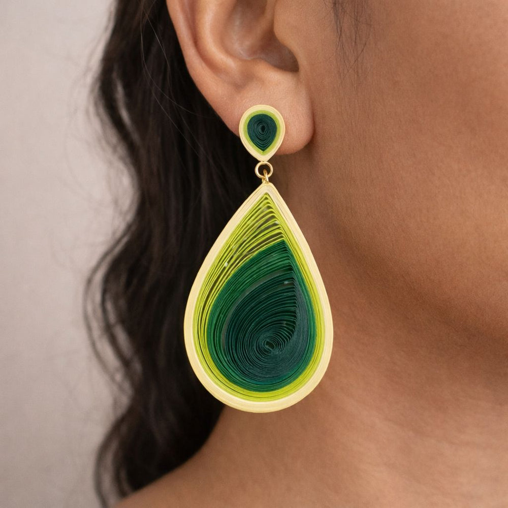 Elegant green statement earrings with teardrop quilling pattern