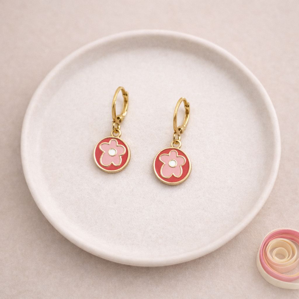 Pink Enamel Flower Drop Earrings