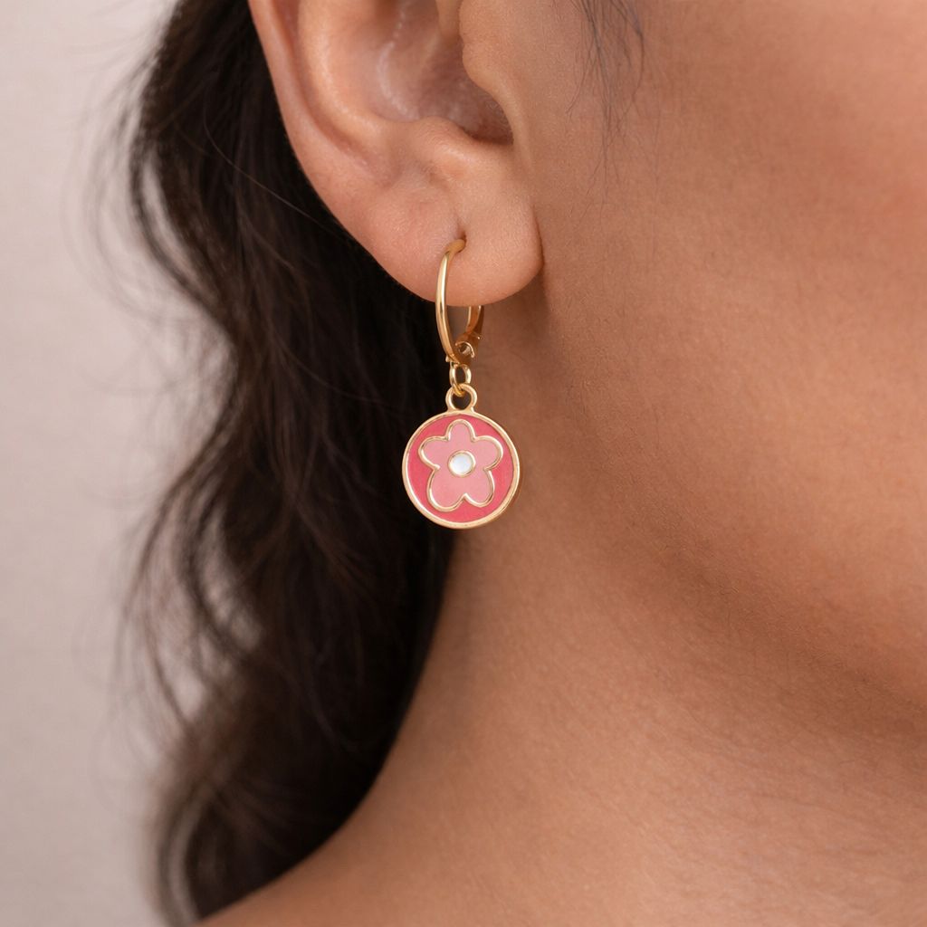 Pink Enamel Flower Drop Earrings