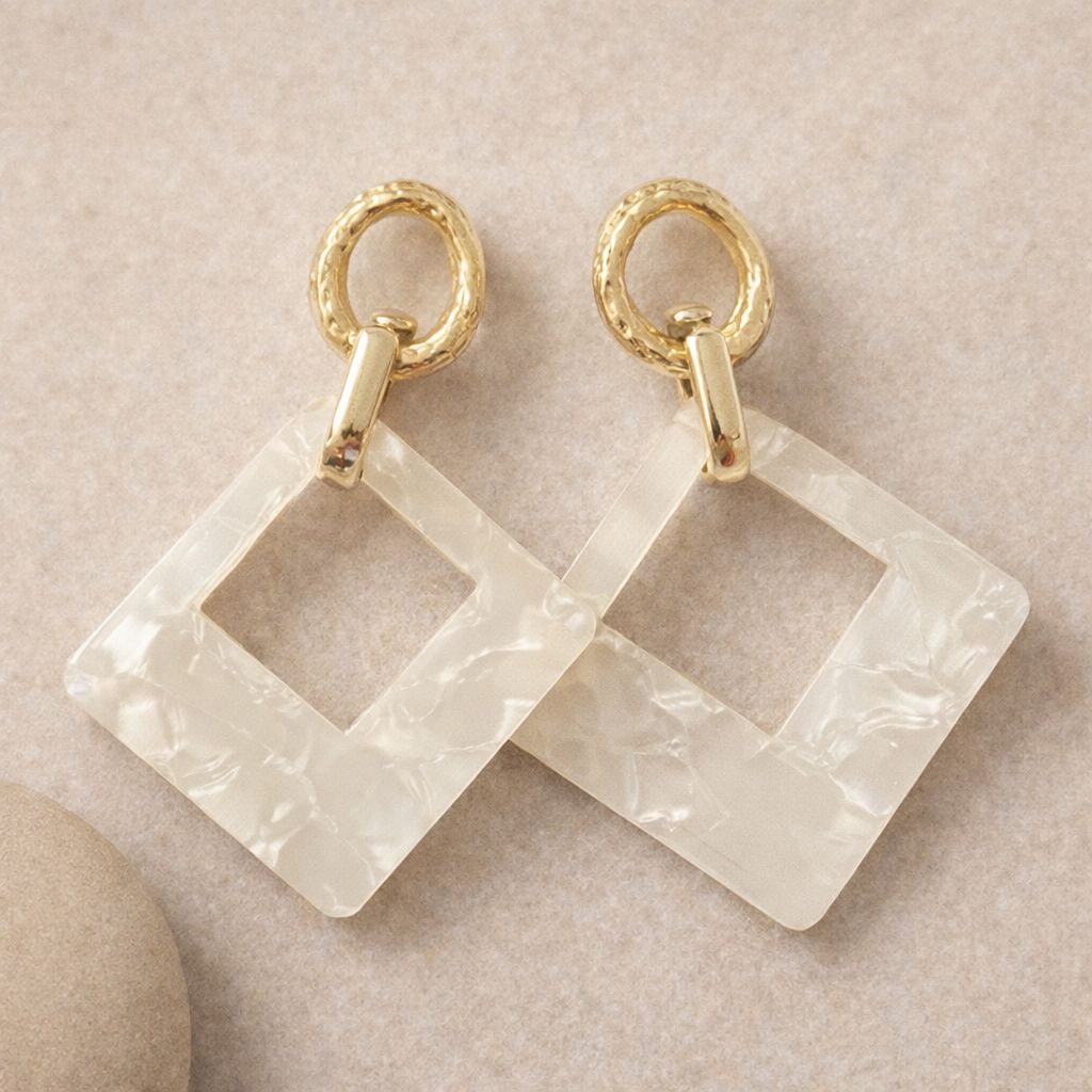 Modern white square statement earrings for party wear