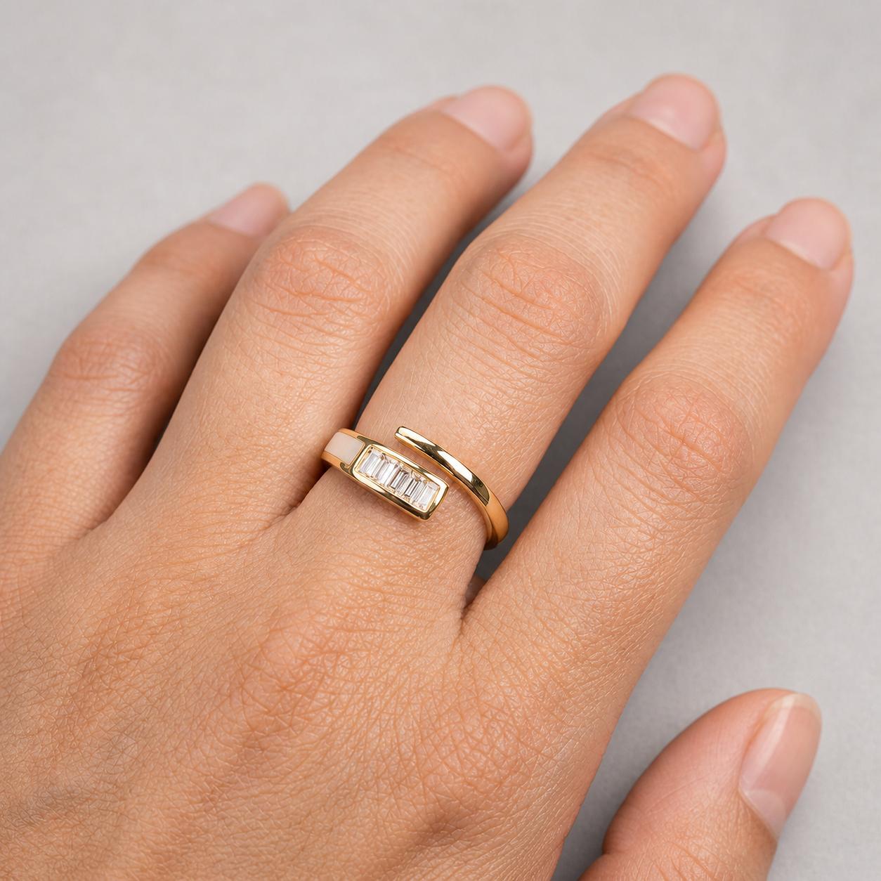 Gold adjustable ring with baguette crystal detailing women jewelry