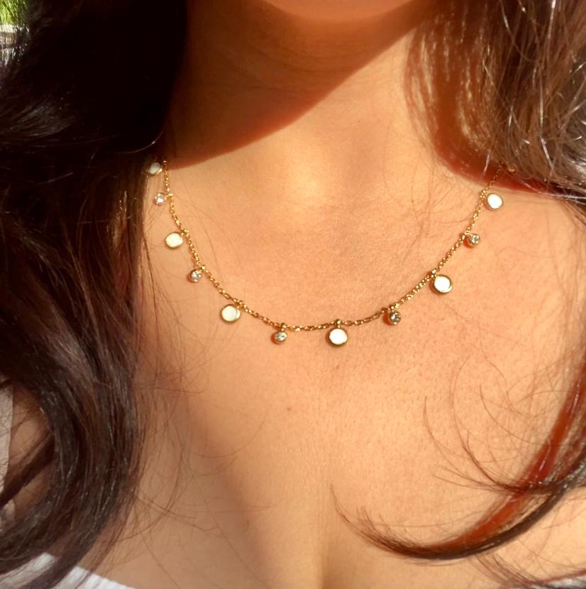 Celestia dainty gold necklace with crystal and ivory charm drops for women