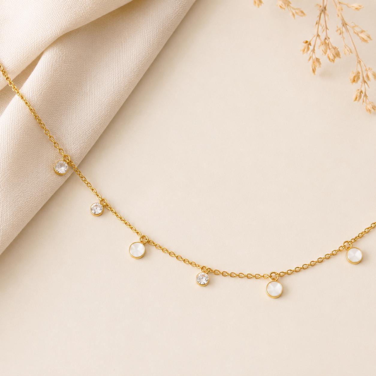 Minimal gold charm necklace for women with dangling crystal accents