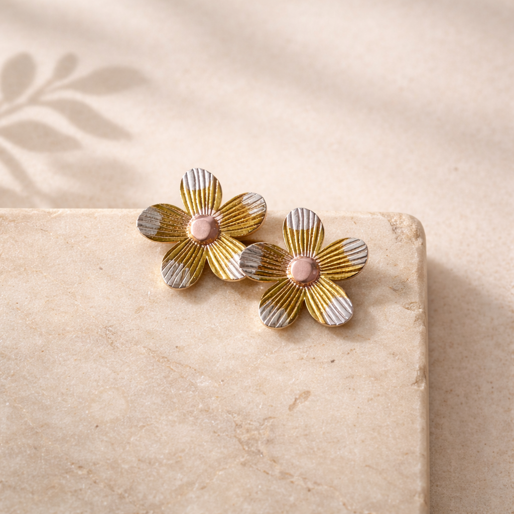 Dual tone floral stud earrings gold silver flower jewelry for women