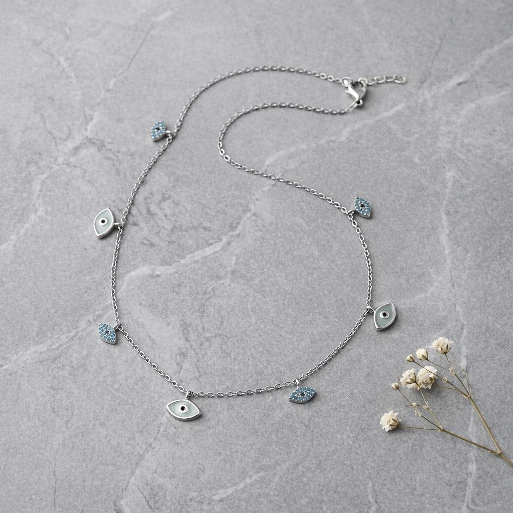 silver evil eye protection necklace with blue stones minimalist jewellery