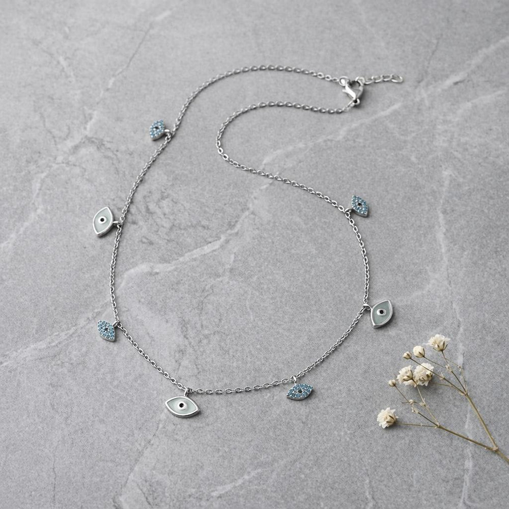 silver evil eye protection necklace with blue stones minimalist jewellery
