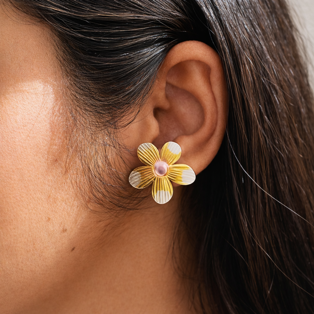 Minimalist floral earrings dual tone stylish everyday jewelry