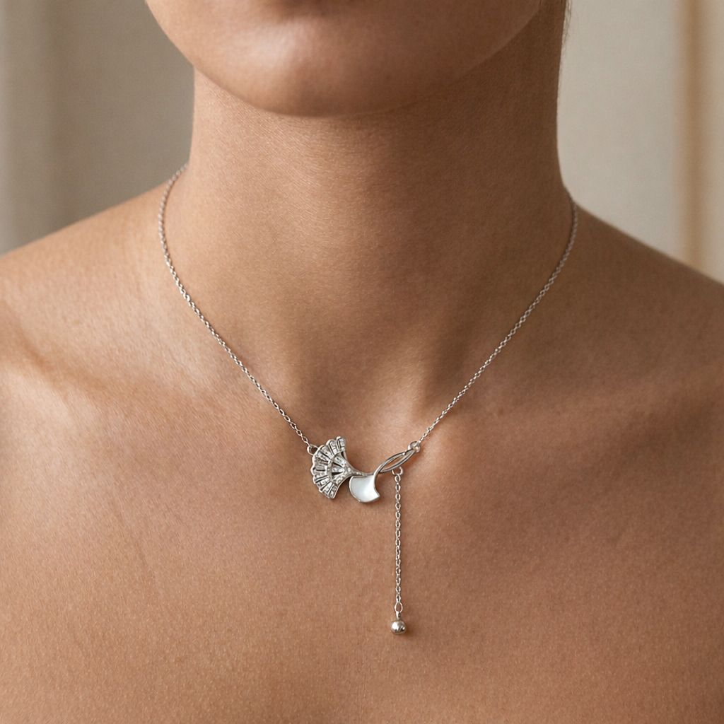 silver ginkgo leaf necklace with adjustable chain and bead drop