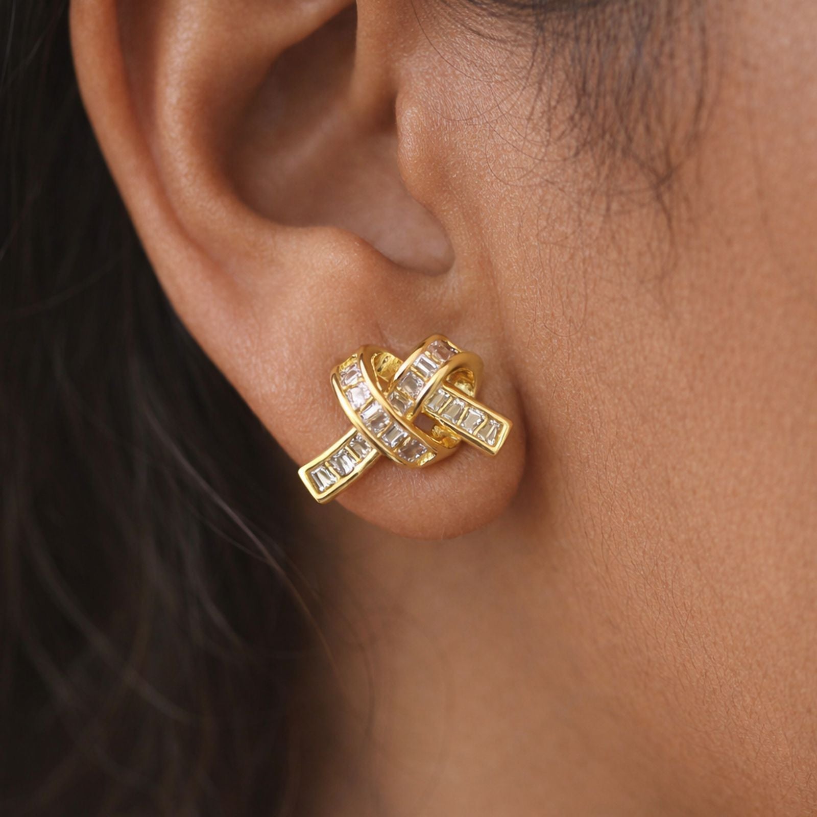 Gold knot stud earrings women sparkling statement jewelry