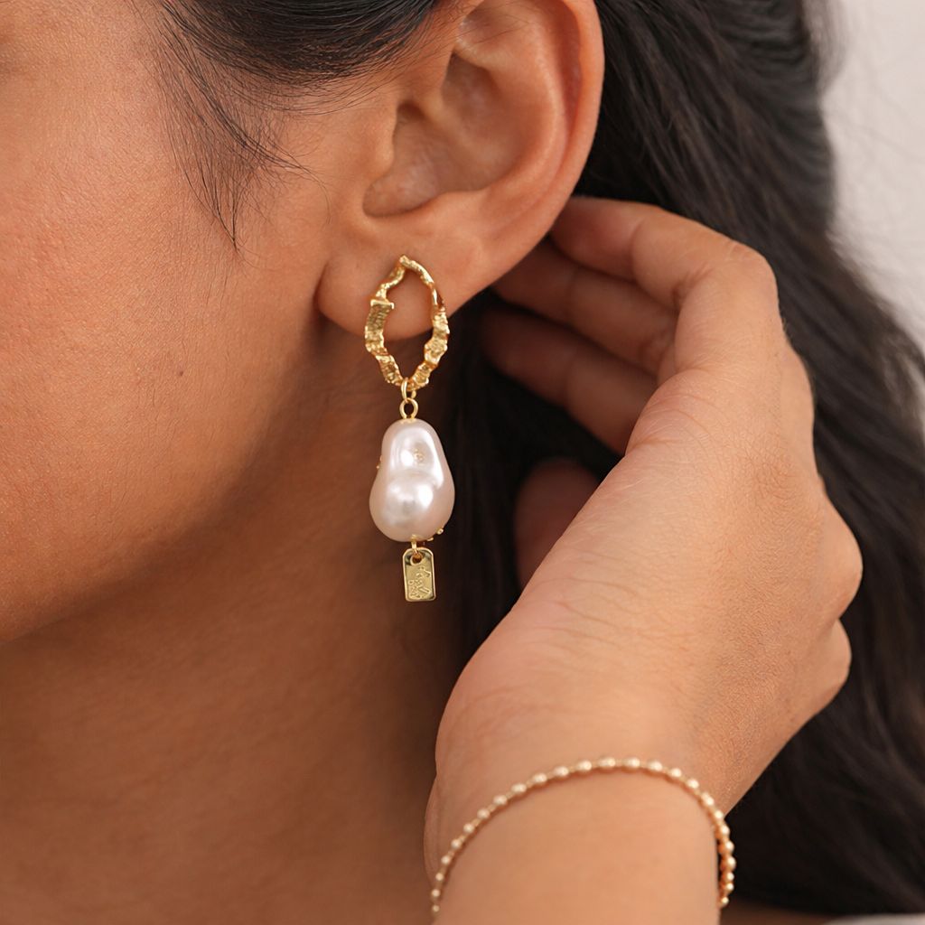 Gold textured hoop pearl drop earrings for women