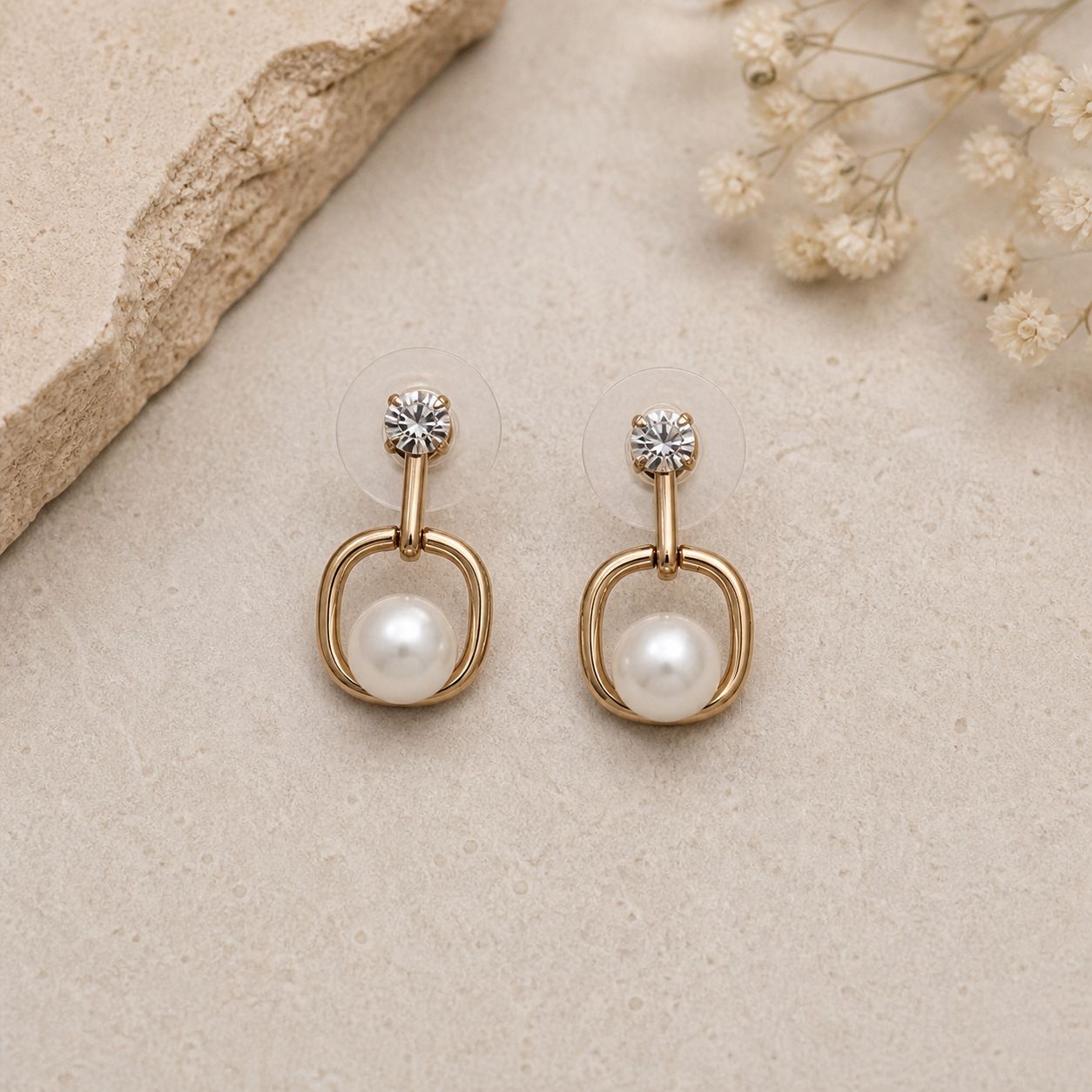 Ivory pearl drop earrings with crystal studs and geometric gold frame for women