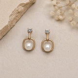 Ivory pearl drop earrings with crystal studs and geometric gold frame for women