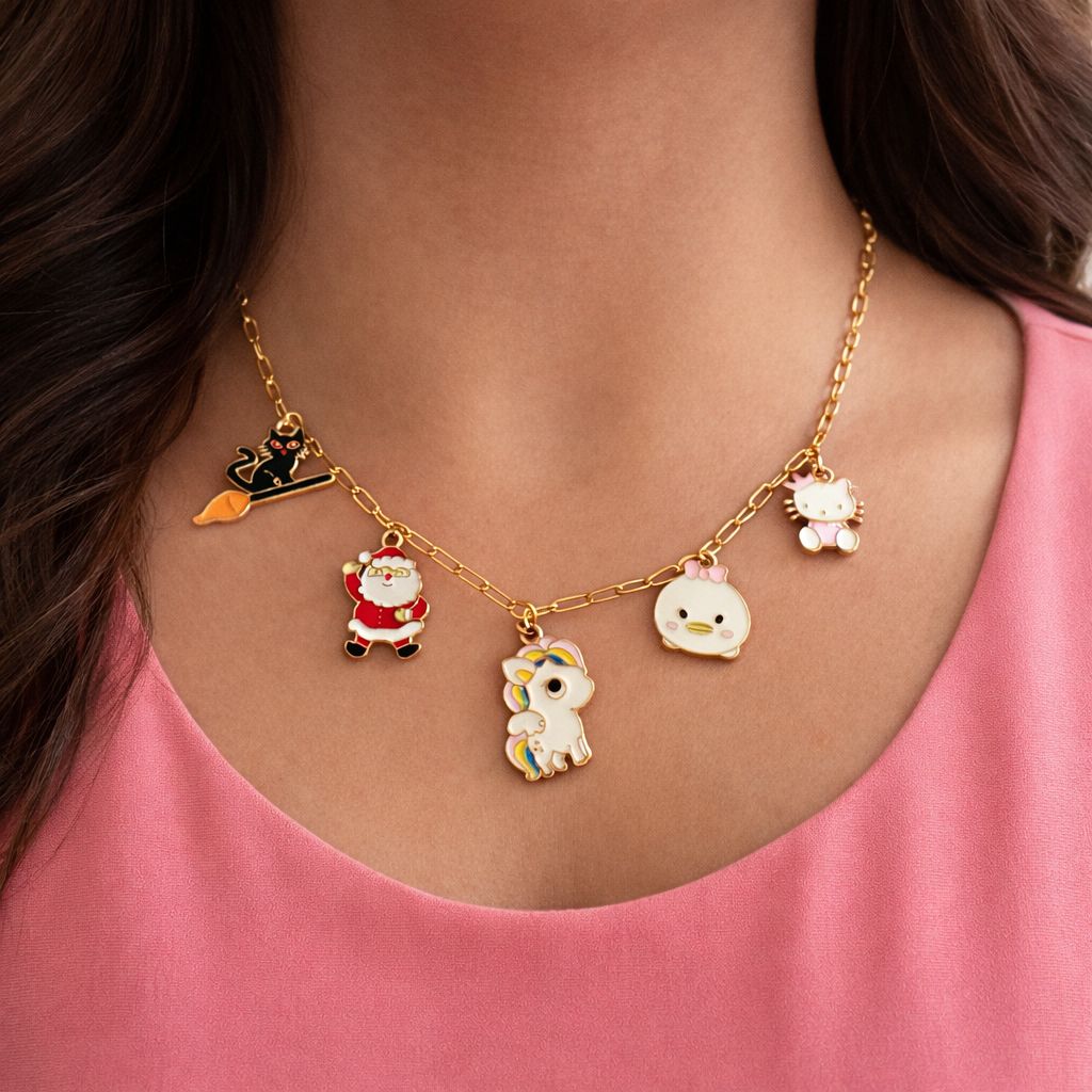 Cute cartoon multi charm necklace for women kawaii gold chain jewelry