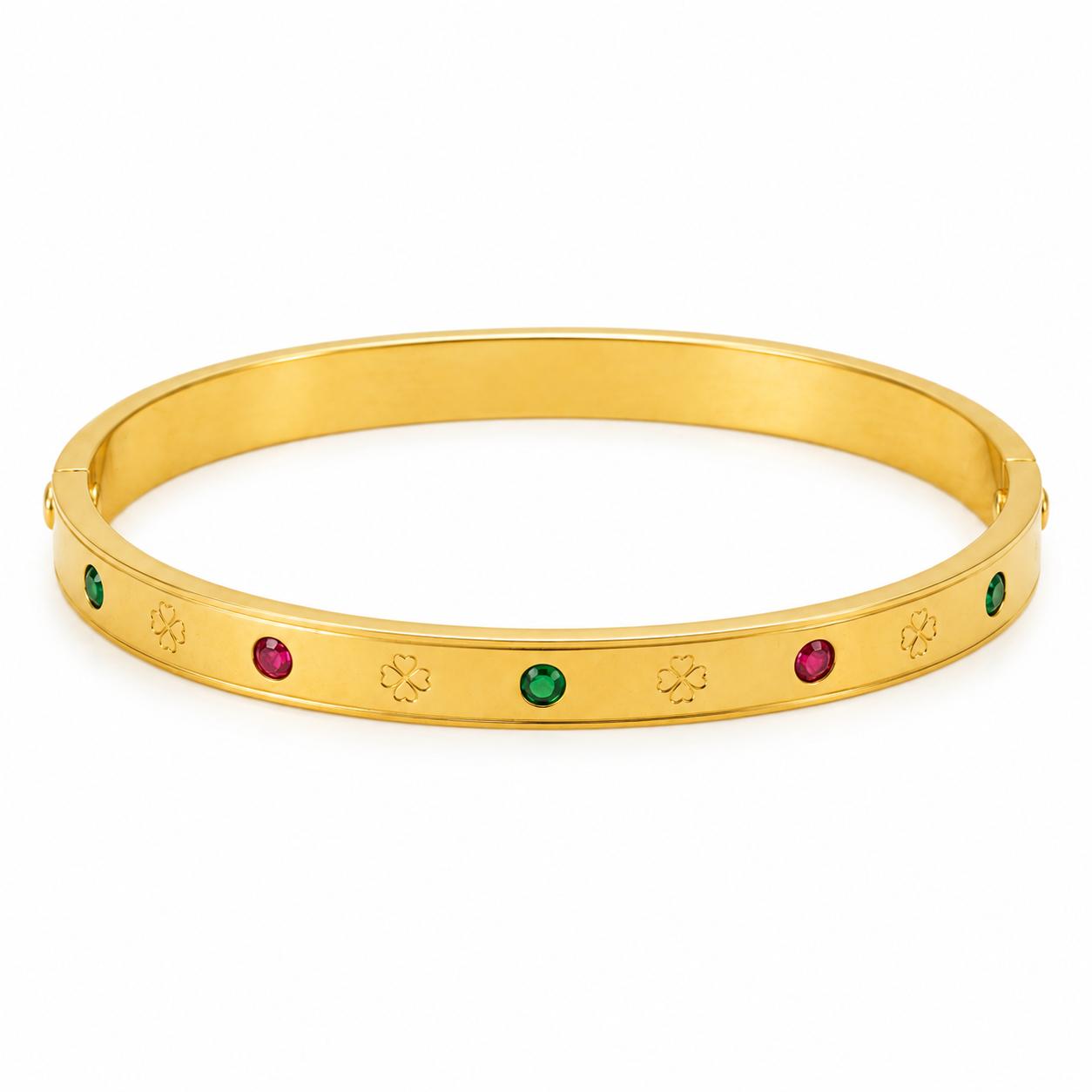 Elegant clover engraved gold bracelet with colorful stone detailing