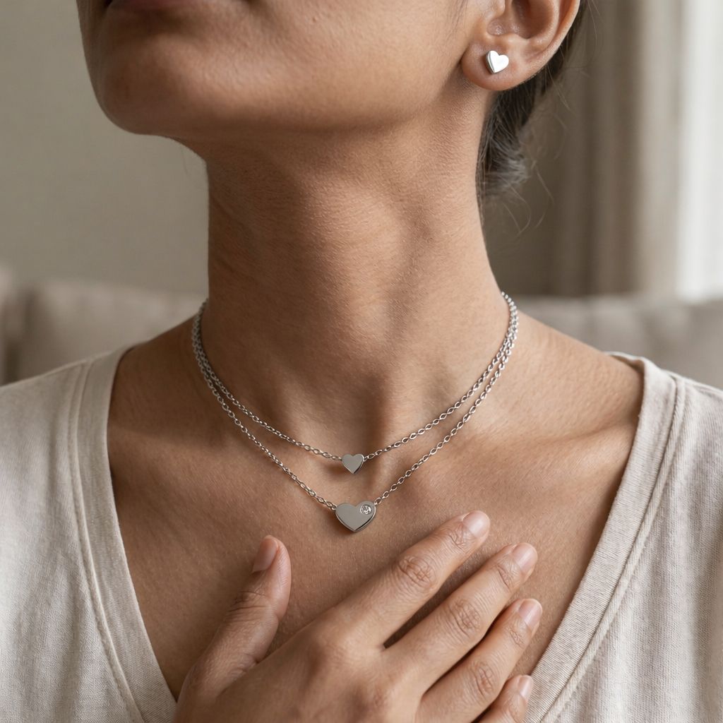 minimal heart pendant necklace with matching heart stud earrings