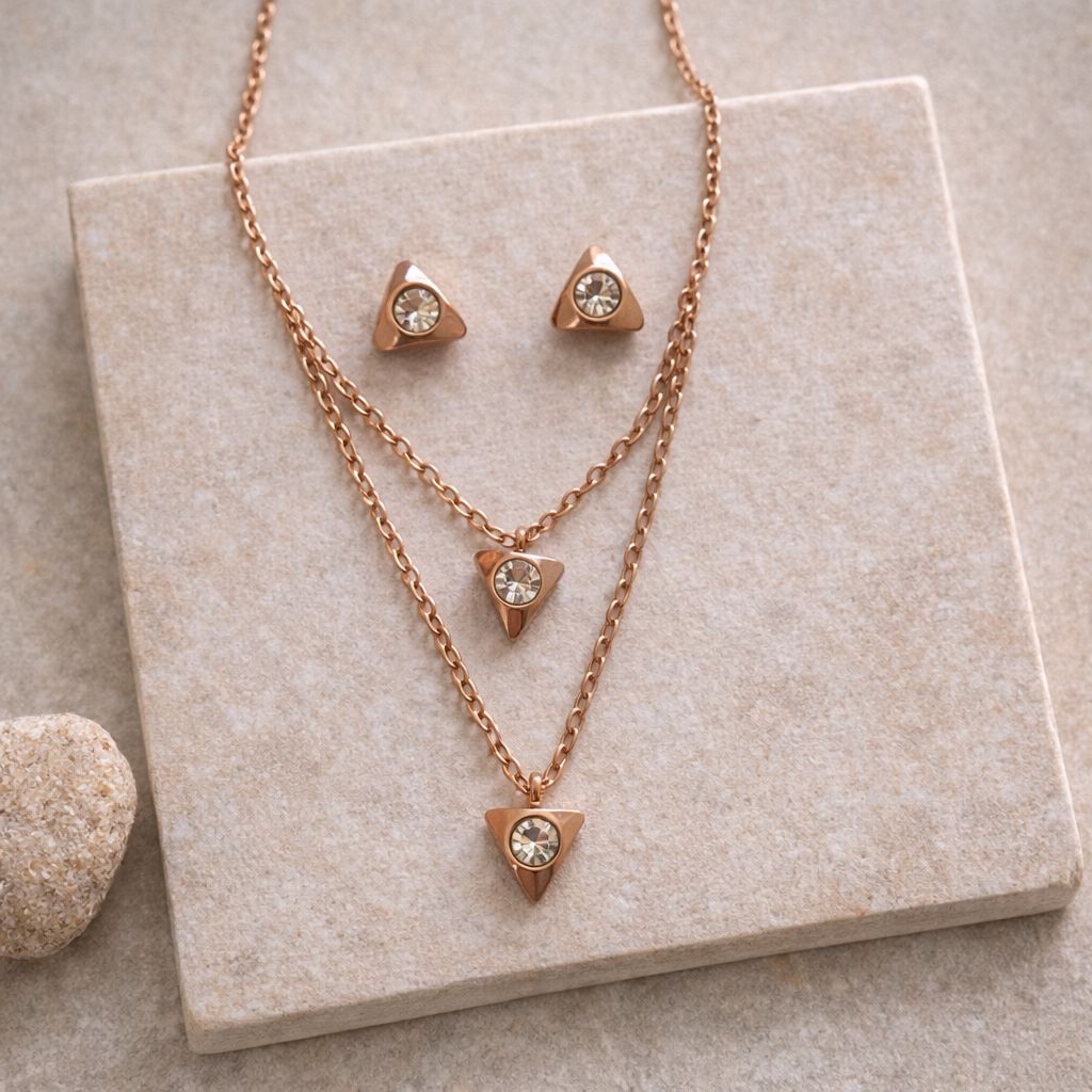 minimal triangle pendant necklace with matching triangle stud earrings