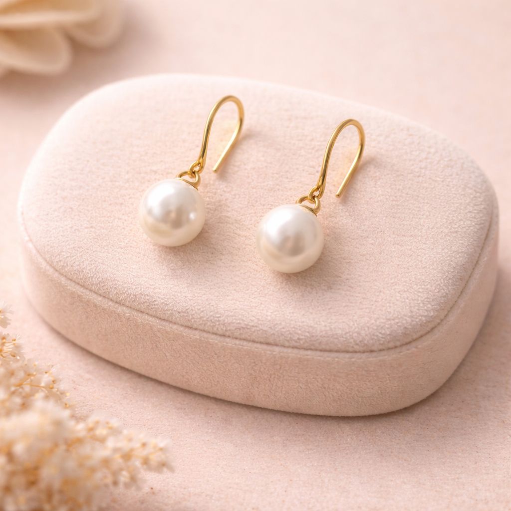 Elegant white pearl dangle earrings minimalist gold hook design