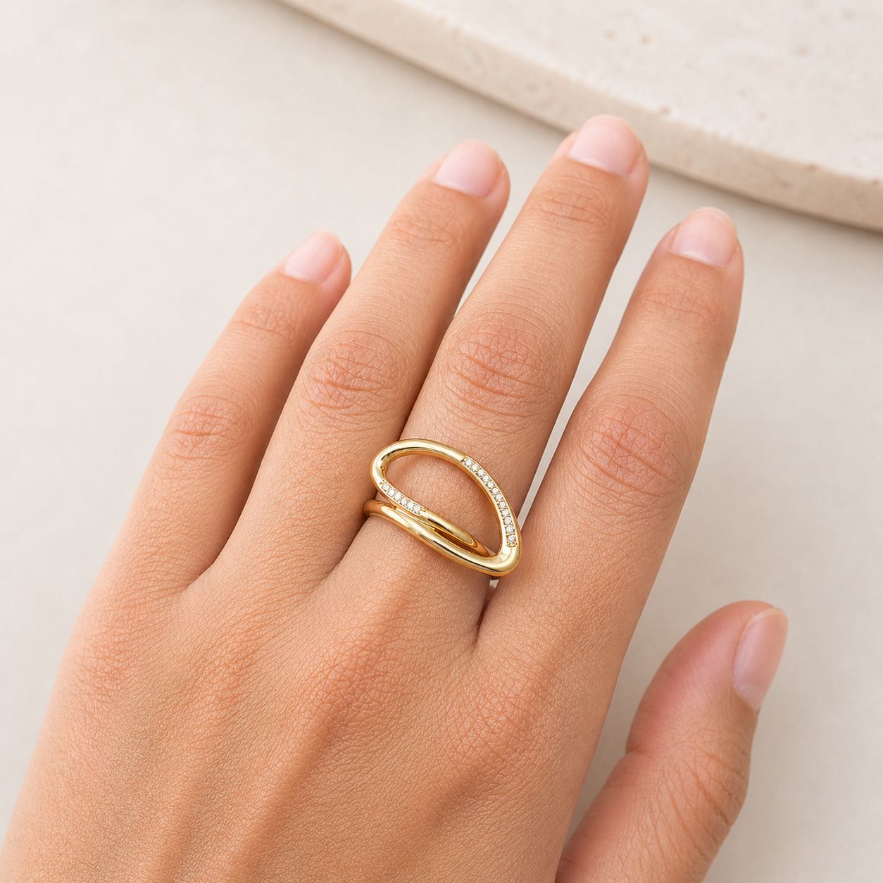 Gold adjustable ring with crystal detailing women jewelry