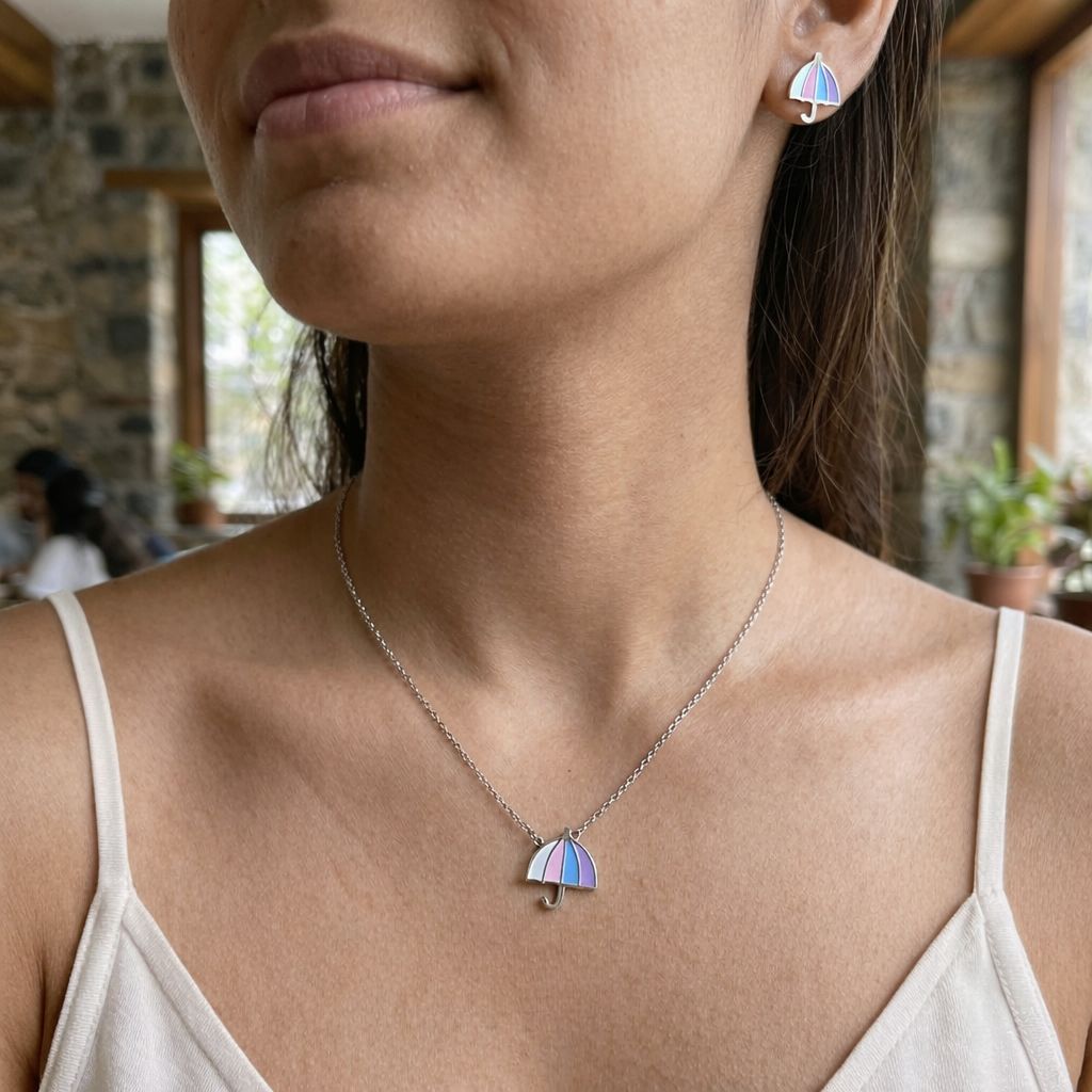 cute umbrella jewellery set with colorful enamel necklace and earrings