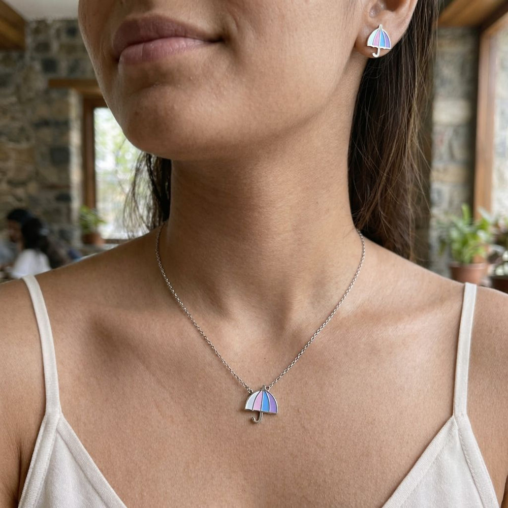 cute umbrella jewellery set with colorful enamel necklace and earrings