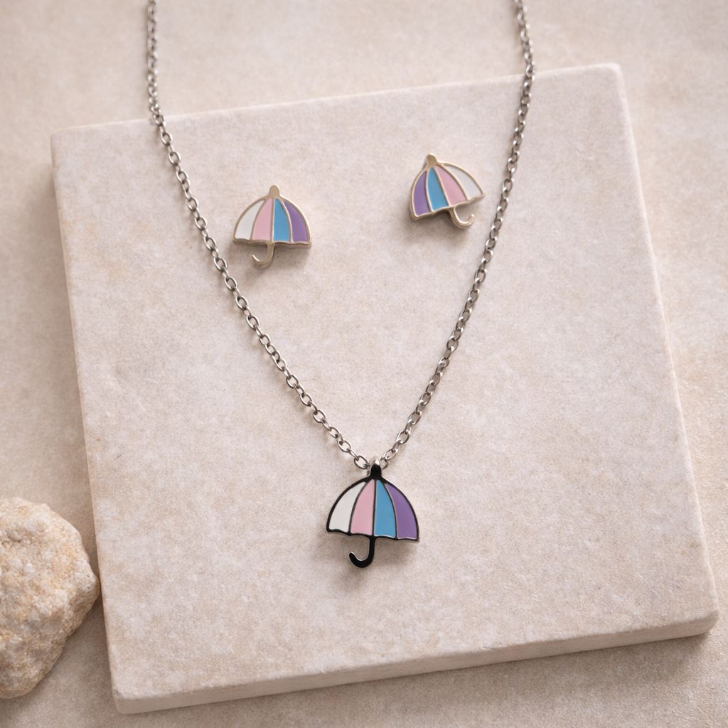 pastel umbrella pendant necklace with matching umbrella stud earrings