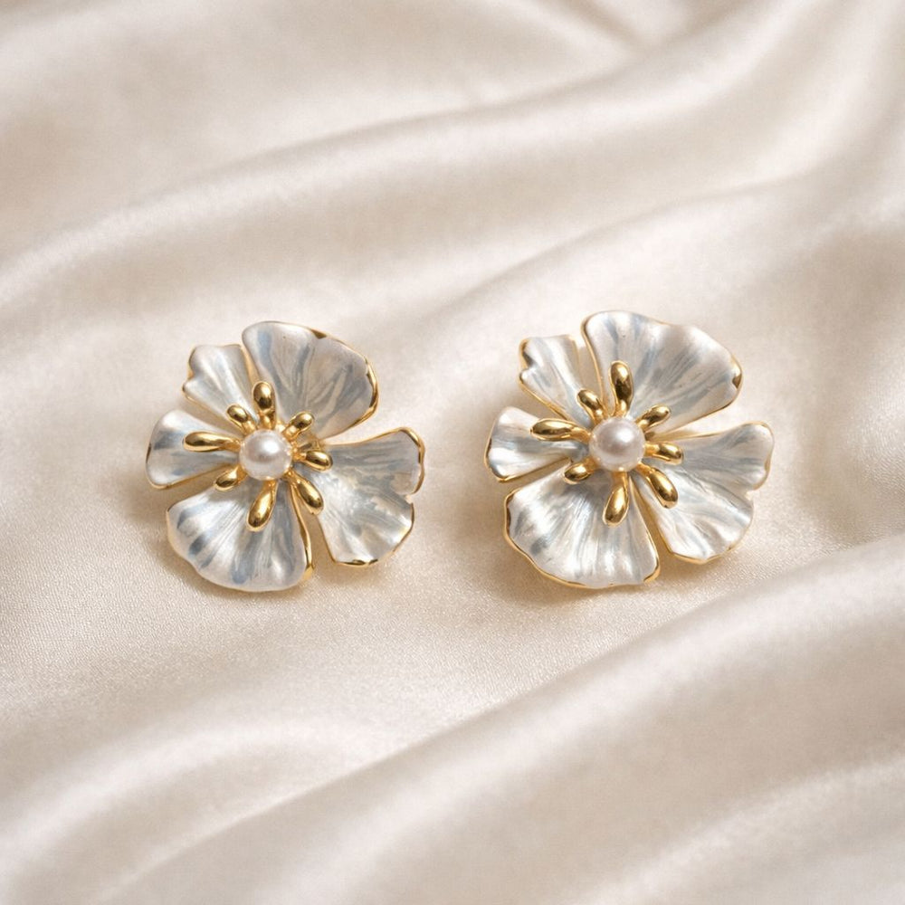 Gold tone flower earrings with pearl center classy feminine design