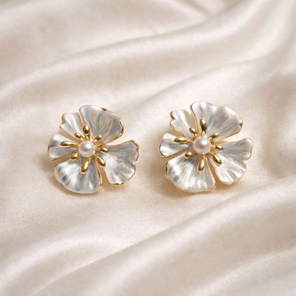 Gold tone flower earrings with pearl center classy feminine design