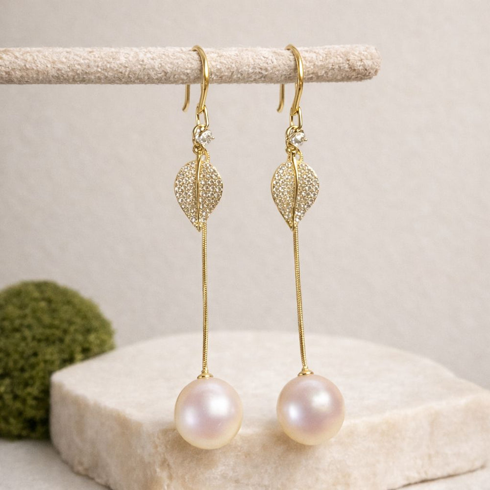 Pearl tassel drop earrings women gold leaf party wear jewelry