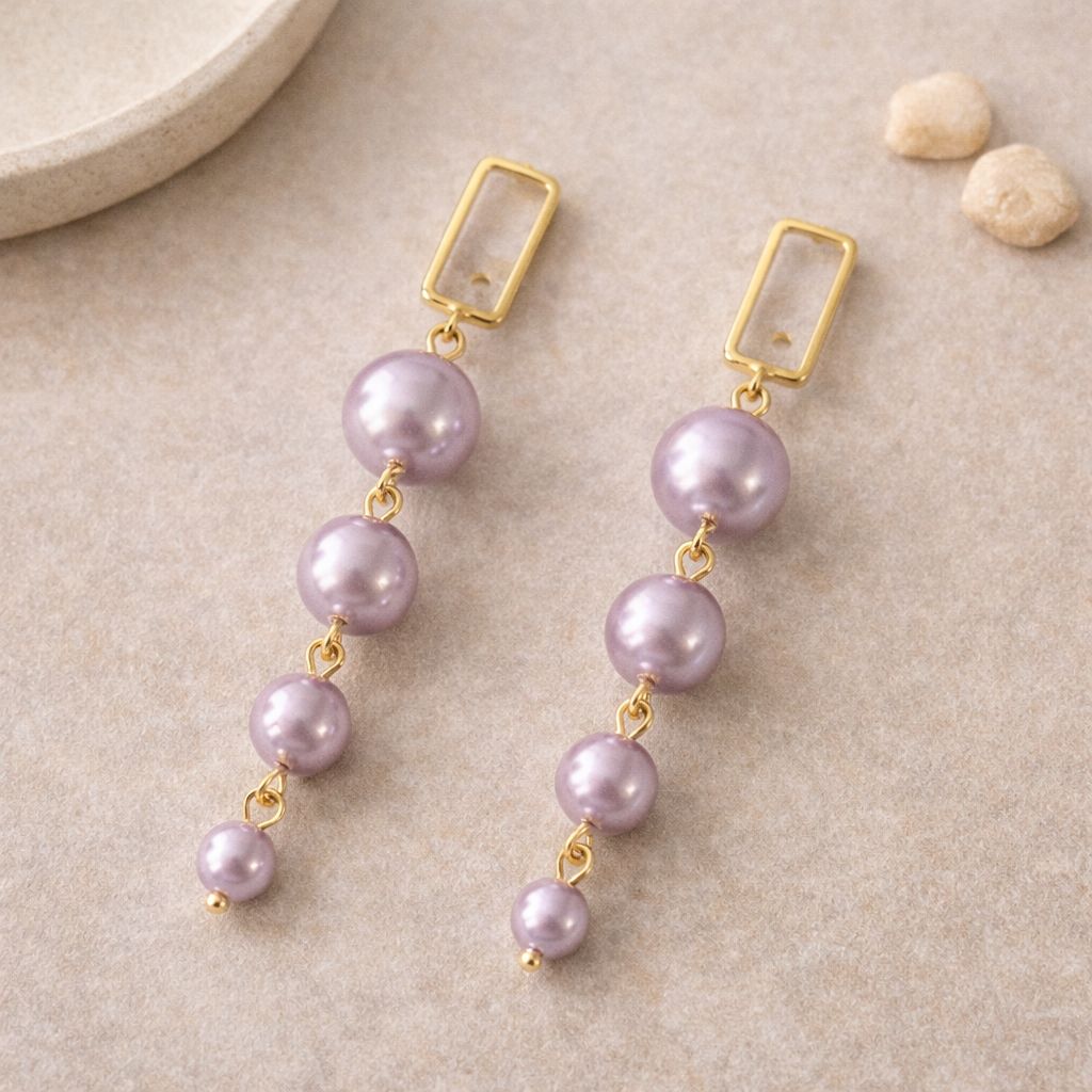 Lavender pearl dangle earrings gold frame statement earrings