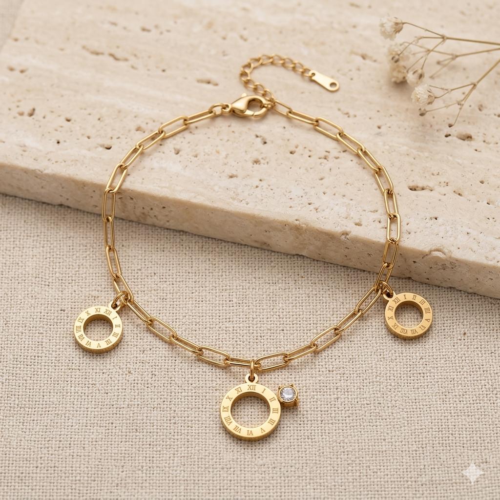 roman numeral gold charm bracelet for women