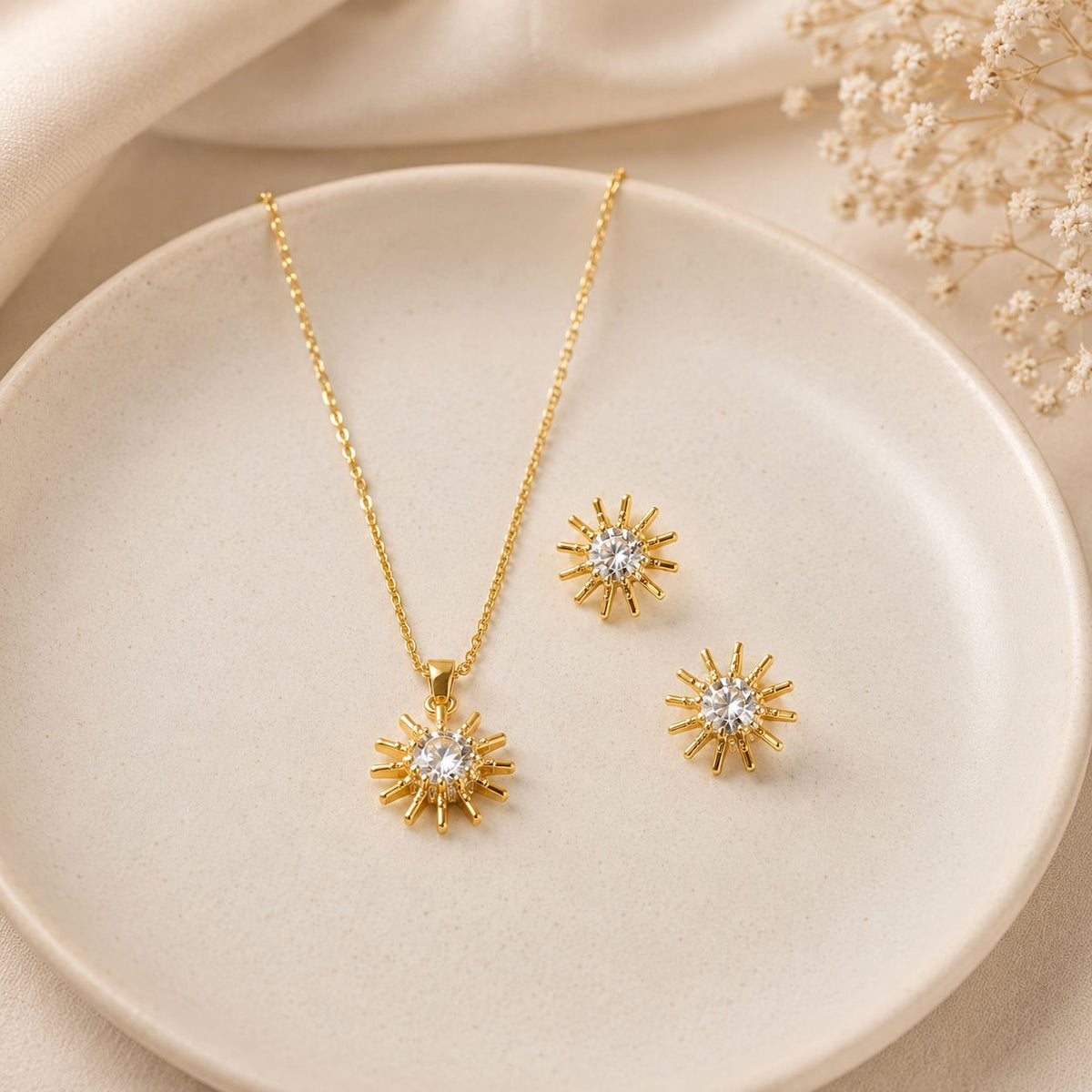 Solara Radiance Necklace & Earrings Set – Sunburst Crystal Jewelry Set
