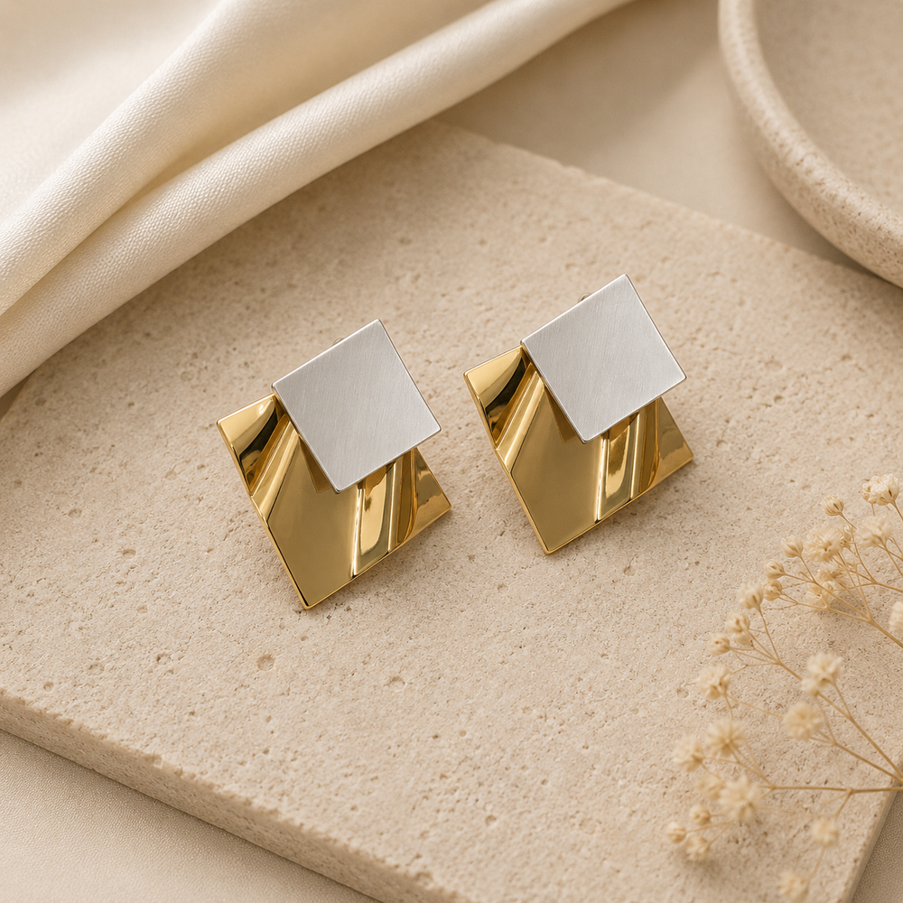 Two-tone geometric statement earrings for women in gold and silver tones